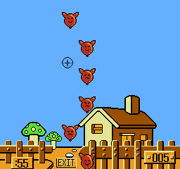 Gameplay. The title screen uses the same background  with the balloons removed and text reading "START".