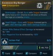 A Legendary enhancement with 2 weapon-part bonuses, 2 stat bonuses, and firmware.