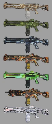 Dahl assault rifles at increasing rarity levels: common, uncommon, rare, very rare, Gemstone, E-tech, and Seraph