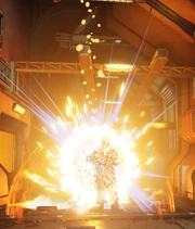 An incendiary meteor hits the target from above