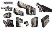 Concept designs for Borderlands 2 guns. The receiver, stock and grip shown are almost identical to the ones used on the final game's Tediore SMGs, while the barrel seems to imply that Tediore were planned to have a line of assault rifles.