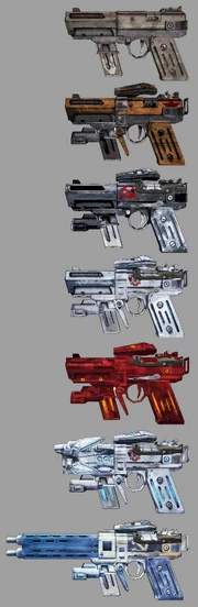 Vladof pistols at increasing rarity levels: common, uncommon, rare, very rare, Gemstone, E-tech, and Seraph.