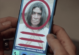 A picture of a native Venezuelan man, his face circled in red, with three red bars beneath the circle, overlaid on the image of the man's chest