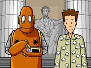 Tim in his pajamas with Moby in Abraham Lincoln