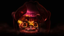 The Matriarch's Hall, a dimly-lit room filled with pink, orange and red tones and flower-shaped lamps, with a red plush throne with a flower motif in the middle.