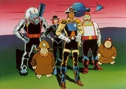 Marshal BraveStarr (center forefront) with his main allies (left-to-right) Thirty/Thirty, Deputy Fuzz, Judge J.B. McBride, Handlebar and one of the Prairie People