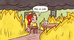 Jessie na imagem de manutenção e atualização opcional de 9 de abril de 2021. A imagem faz referência ao meme "Isto é bom" (tradução livre do inglês "This is fine")