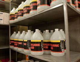 The bottles of hydrofluoric acid kept in the  were used by , , and  to dissolve 's corpse