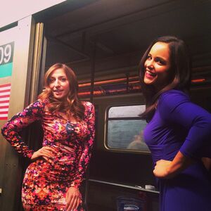 Chelsea Peretti and Melissa Fumero on the same Subway Car set used in Seinfeld.