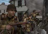 Derrick along with Paddock, Friar and a paratrooper as they flush out the German stragglers in Carentan.