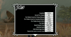 The "Stats" screen, from which the player can view various statistics, including overall percentage of completion.