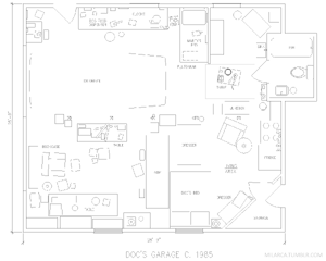 Planos del garaje del Doc, con ubicaciones vistas en 1955 y 1985.