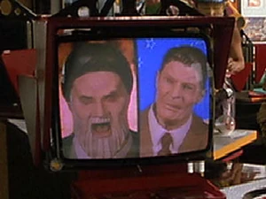 A simulacrum of Khomeini and Ronald Reagan.