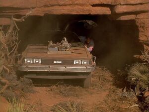 The DeLorean hidden in the bear cave.