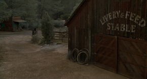 The livery stable which was Doc's home and workplace in Hill Valley of 1885.