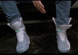 Marty's Nike MAG power-lacing shoes, now all laced up and ready to go.