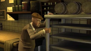 Cue Ball mueve un estante con barriles de madera en Sisters of Mercy Soup Kitchen en 1931.