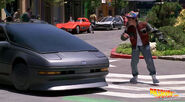 "Hey, I'm walkin' here! I'm walkin' here!" Marty McFly Jr. is almost hit by a Ford Probe in Hill Valley's Main Street in 2015.