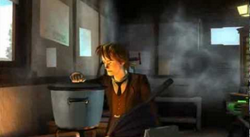 Marty checks on the cauldron of rabbit stew.