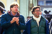  Bob Gale age 34 (right) with  (left), on the set of .
