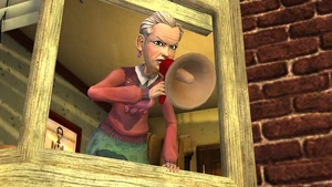  leaning out of her apartment window.