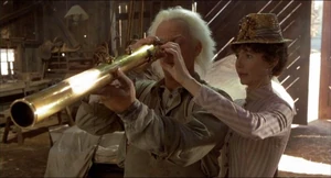Doc Brown inspecting Clara's damaged telescope.
