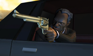 Kid Tannen aims his gun at Marty McFly.