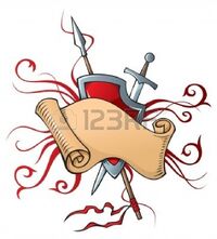 8682340-heraldic-composition-with-scroll-shield-and-weapons-vector-illustration