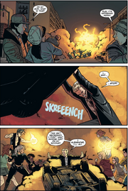 Spike shows his raw strength when he flips over a car.