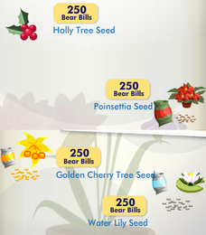 A collage image of the new seeds introduced to the City Garden Mini Market in March 2011. The Holly Seeds, Poinsettia Seeds, Golden Cherry Tree Seeds, and Water Lily Seeds are all priced at 250 Bear Bills.