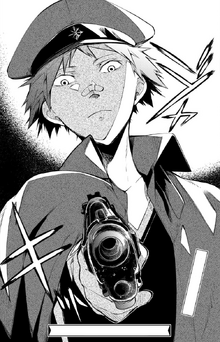 Tachihara aims his gun at Yosano (manga)