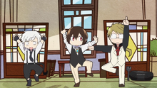 Kunikida joins Dazai and Atsushi in dancing (Wan! Anime)