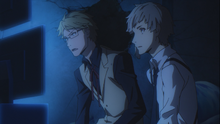 Kunikida and Atsushi checking the footage in Katai's apartment