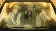 Atsushi, Kunikida, and Dazai heading to the fishing gear shop