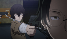 Dazai points gun at Ango