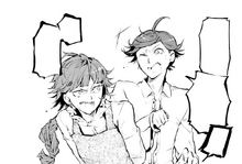 Lucy and Twain bicker while being tied together.