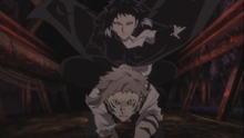 Atsushi and Akutagawa chasing after Pushkin with Atsushi's activated ability