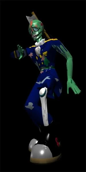 Bi-O's in-game character from the Playstation 1 video game: Bust-A-Groove 2. He's a green, decaying zombie in a military suit with some exposed bone on his left leg. He has a hatchet lodged into the back of his head.
