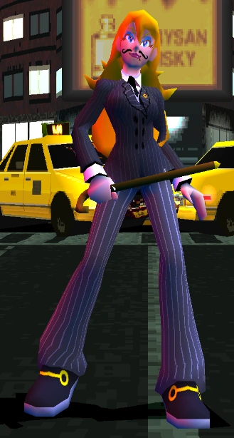 Kelly from Bust-A-Groove 2 in her alternate costume, a black suit jacket, tie, pinstripe pants, holding a stage cane, and wearing a fake mustache.