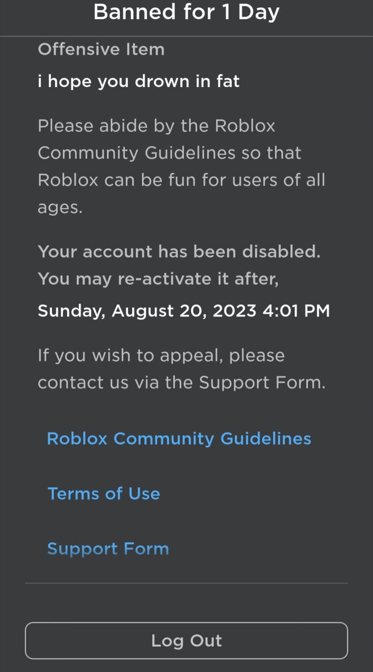 My roblox account has been disabled for a day.