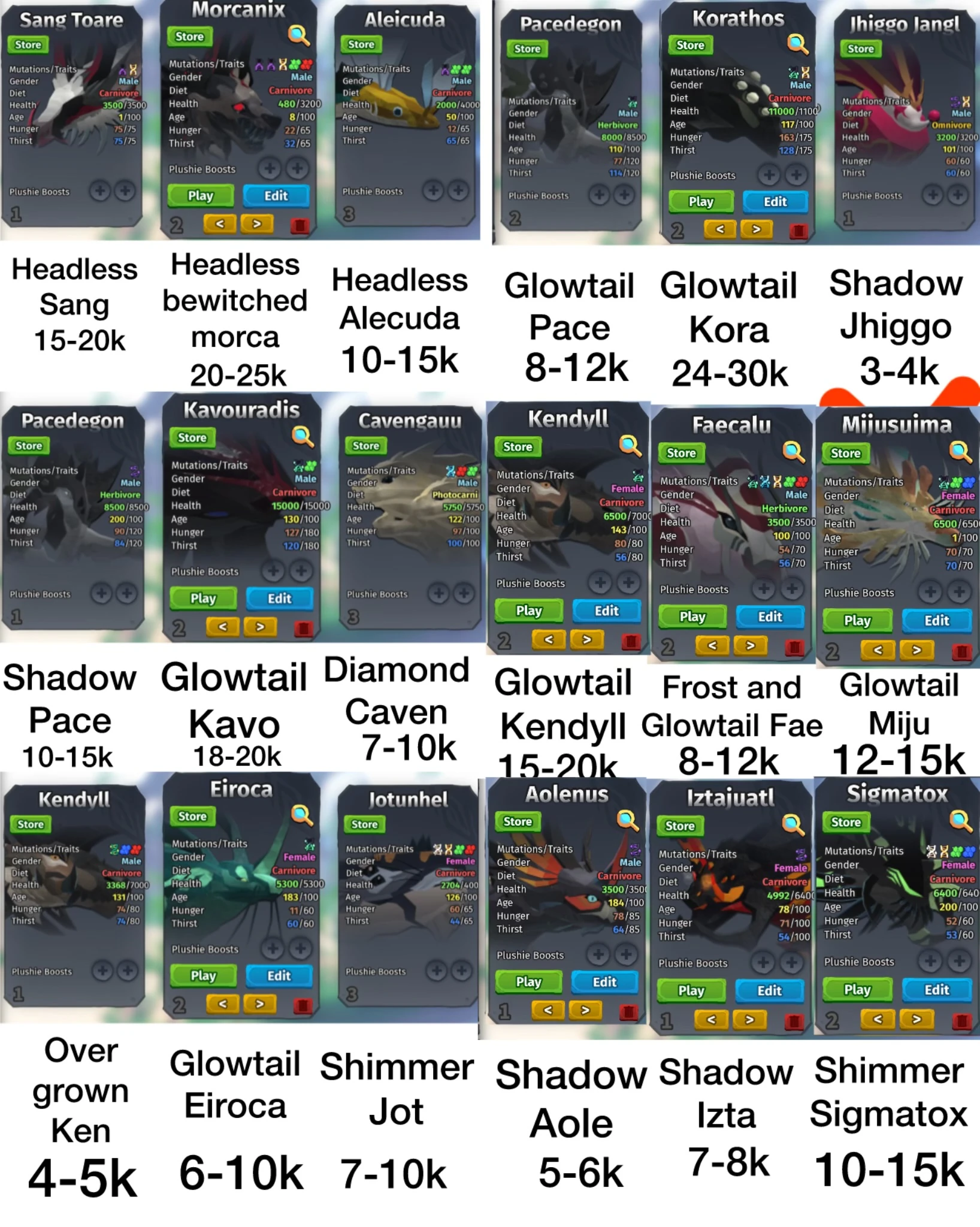 T/S/Swapping Many rare mutations (Shadow, shimmer, Glowtail, overgrown ...