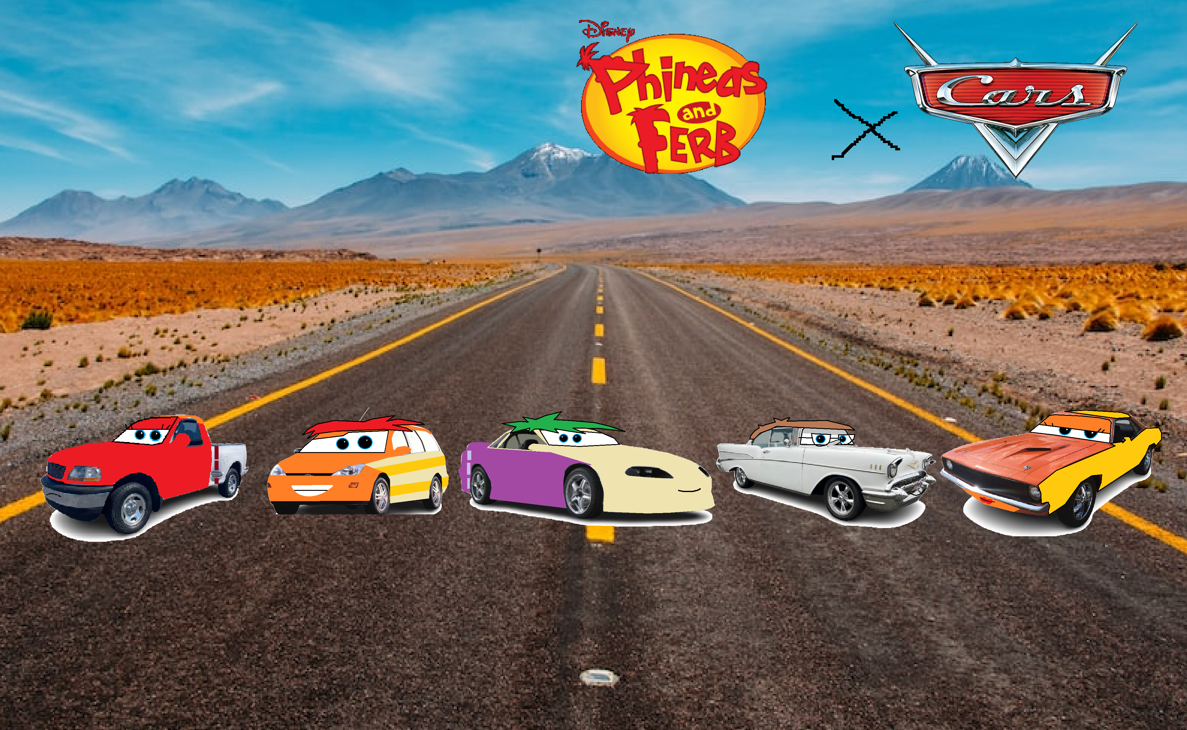 Phineas and Ferb Characters in Cars style.