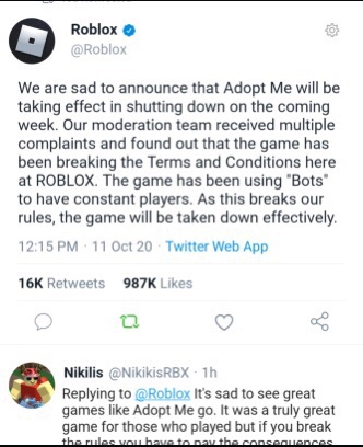 is roblox shutting down adopt me