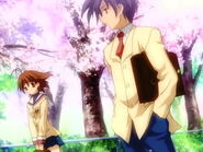 Tomoya meeting Nagisa for the first time in On the Hillside Path Where the Cherry Blossoms Flutter.