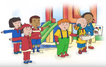 Caillou and his friends say surprise to Miss Martin