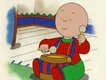 A younger Caillou wearing his red sweater and green pants and drumming