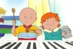 Caillou, along with Rosie, playing music next to the piano keyboard on a drum and a maraca (Caillou's Got Rhythm)