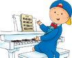 Caillou wearing his blue backwards cap, a red bowtie and a blue tuxedo while playing the piano