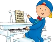 Caillou wearing a blue backwards cap, a red bowtie and a blue tuxedo while playing the piano