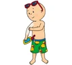 Caillou with sunglasses, swimming pants, and sunscreen